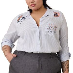 Torrid 1X Lizzie Rayon Twill Embroider Button Up Long Sleeve Shirt Skull Whimsy